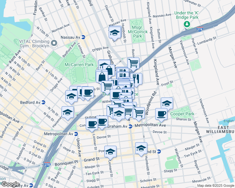 map of restaurants, bars, coffee shops, grocery stores, and more near 159 Withers Street in Brooklyn