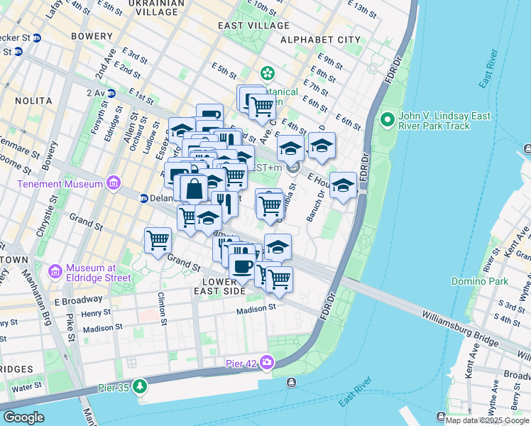 map of restaurants, bars, coffee shops, grocery stores, and more near 34 Delancey Street South in New York