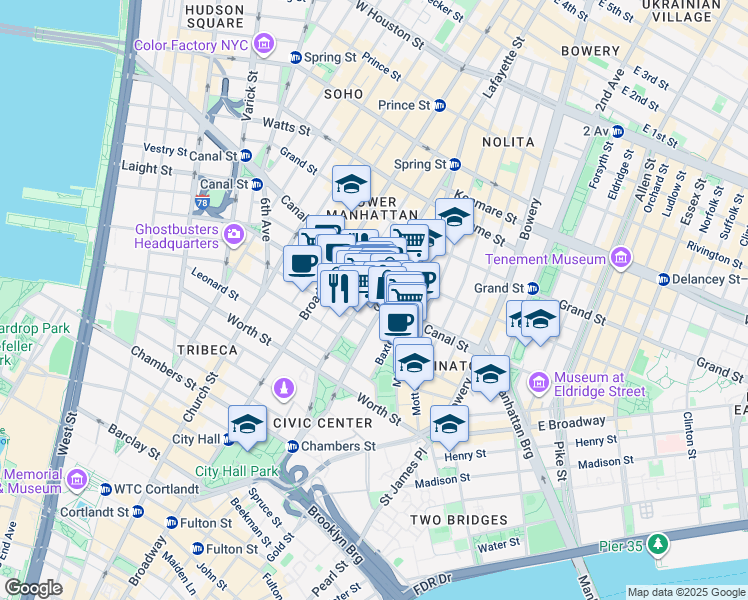 map of restaurants, bars, coffee shops, grocery stores, and more near 153d Centre Street in New York