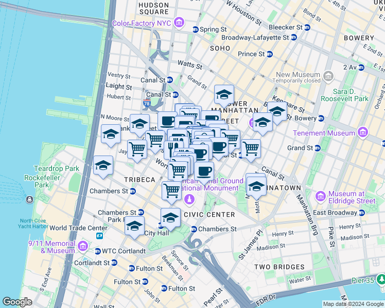 map of restaurants, bars, coffee shops, grocery stores, and more near 51-53 White Street in New York