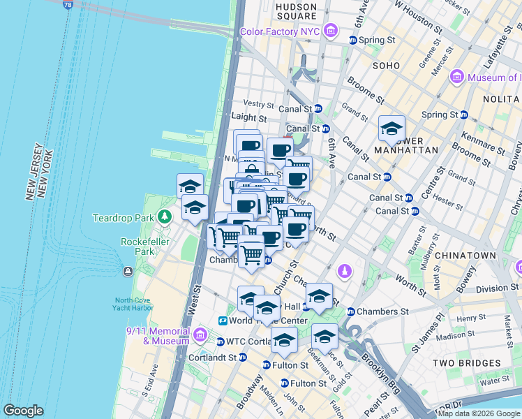 map of restaurants, bars, coffee shops, grocery stores, and more near 165 Duane Street in New York