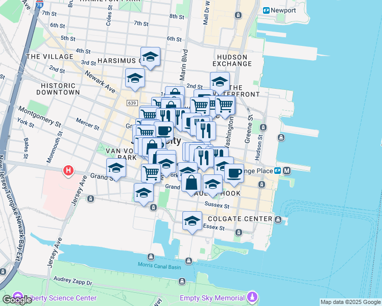 map of restaurants, bars, coffee shops, grocery stores, and more near 128 Montgomery Street in Jersey City