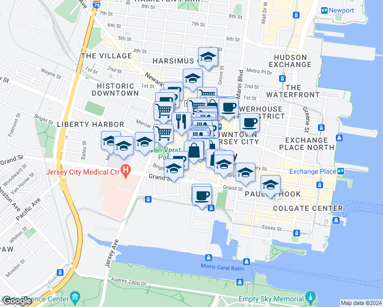 map of restaurants, bars, coffee shops, grocery stores, and more near 215 Montgomery Street in Jersey City