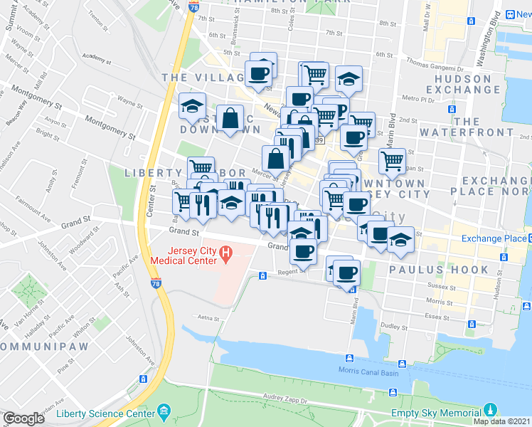 map of restaurants, bars, coffee shops, grocery stores, and more near 441 Jersey Avenue in Jersey City