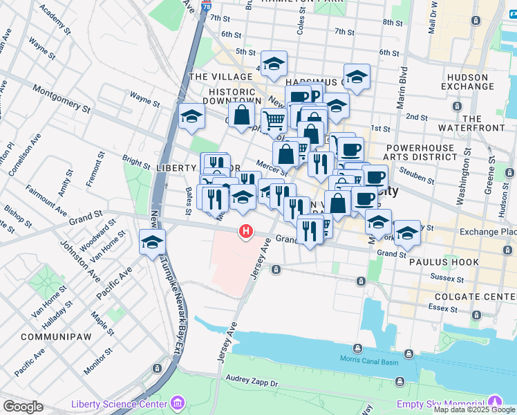 map of restaurants, bars, coffee shops, grocery stores, and more near 441 Jersey Avenue in Jersey City