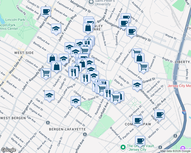 map of restaurants, bars, coffee shops, grocery stores, and more near 60 Crescent Avenue in Jersey City