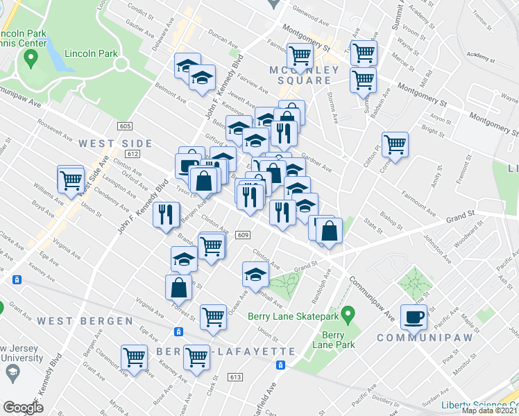 map of restaurants, bars, coffee shops, grocery stores, and more near 598 Communipaw Avenue in Jersey City