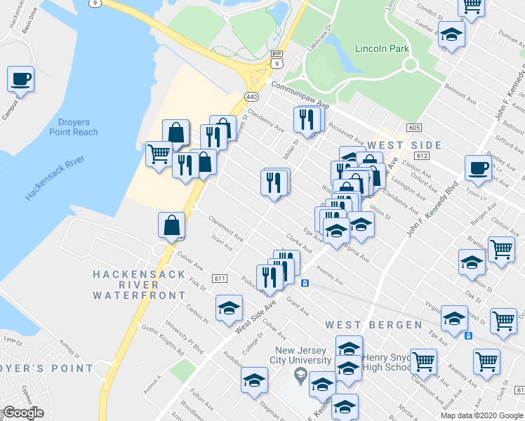 map of restaurants, bars, coffee shops, grocery stores, and more near 80 Clarke Avenue in Jersey City