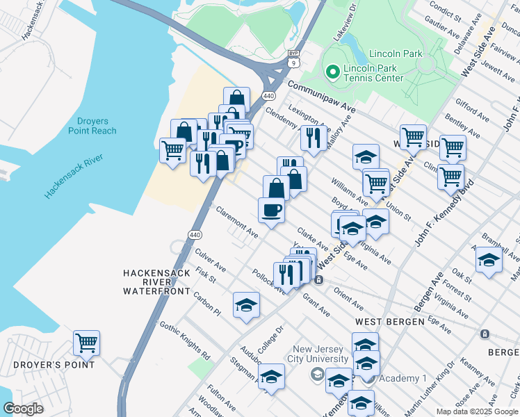 map of restaurants, bars, coffee shops, grocery stores, and more near 96 Yale Avenue in Jersey City