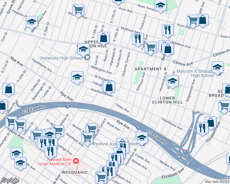 map of restaurants, bars, coffee shops, grocery stores, and more near 147 Osborne Terrace in Newark