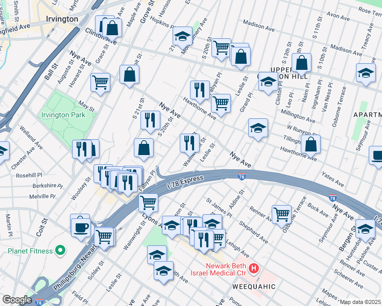 map of restaurants, bars, coffee shops, grocery stores, and more near 86 Schley Street in Newark
