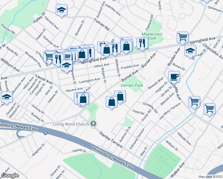 map of restaurants, bars, coffee shops, grocery stores, and more near 205 Rutgers Street in Maplewood