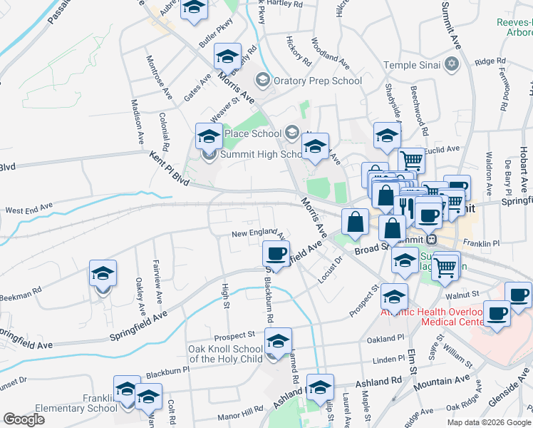 map of restaurants, bars, coffee shops, grocery stores, and more near 67B New England Avenue in Summit