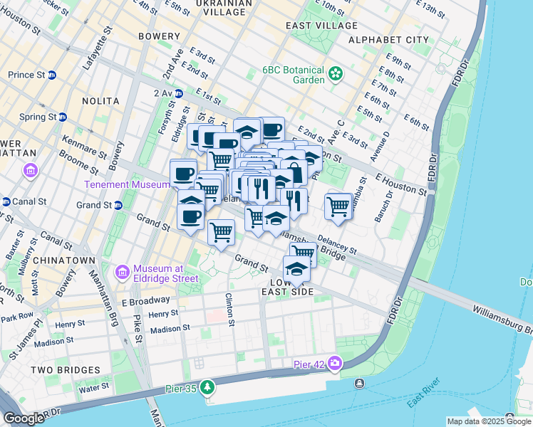 map of restaurants, bars, coffee shops, grocery stores, and more near 186 Delancey Street in New York