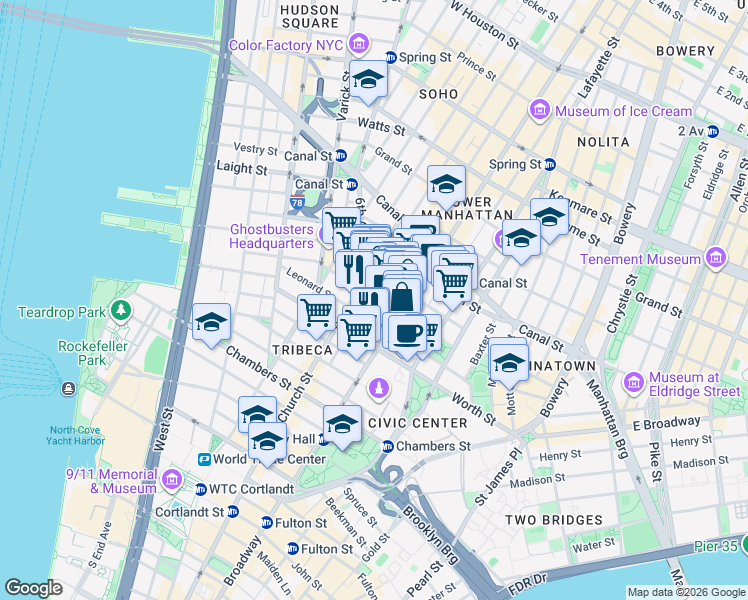 map of restaurants, bars, coffee shops, grocery stores, and more near 51-53 White Street in New York