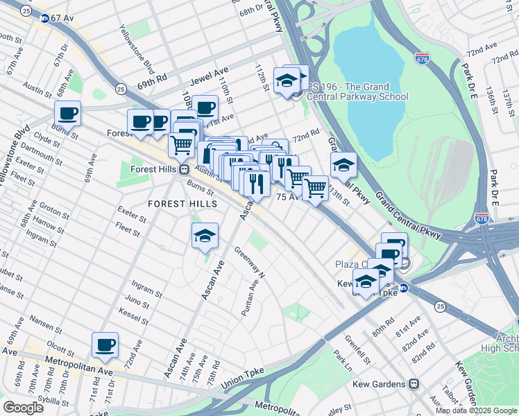 map of restaurants, bars, coffee shops, grocery stores, and more near 73-20 Austin Street in Queens