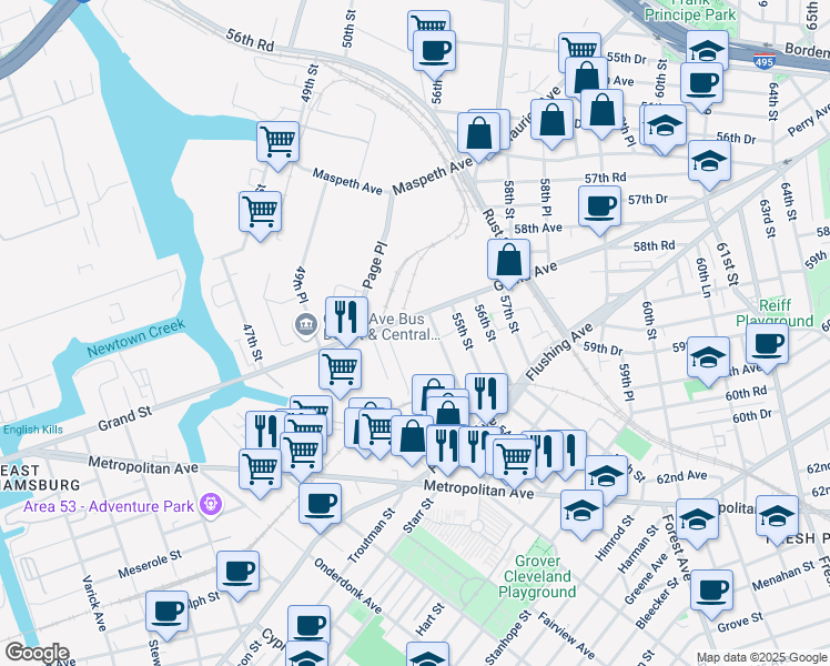 map of restaurants, bars, coffee shops, grocery stores, and more near 53-06 Grand Avenue in Queens