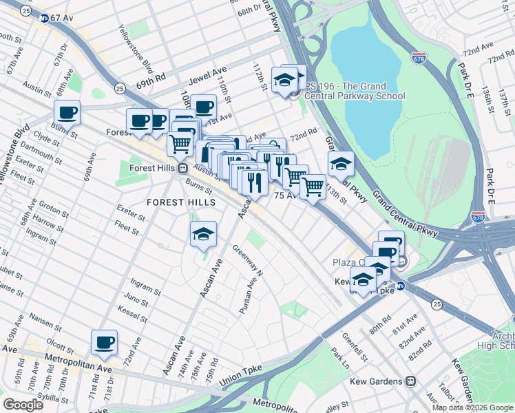 map of restaurants, bars, coffee shops, grocery stores, and more near in Queens