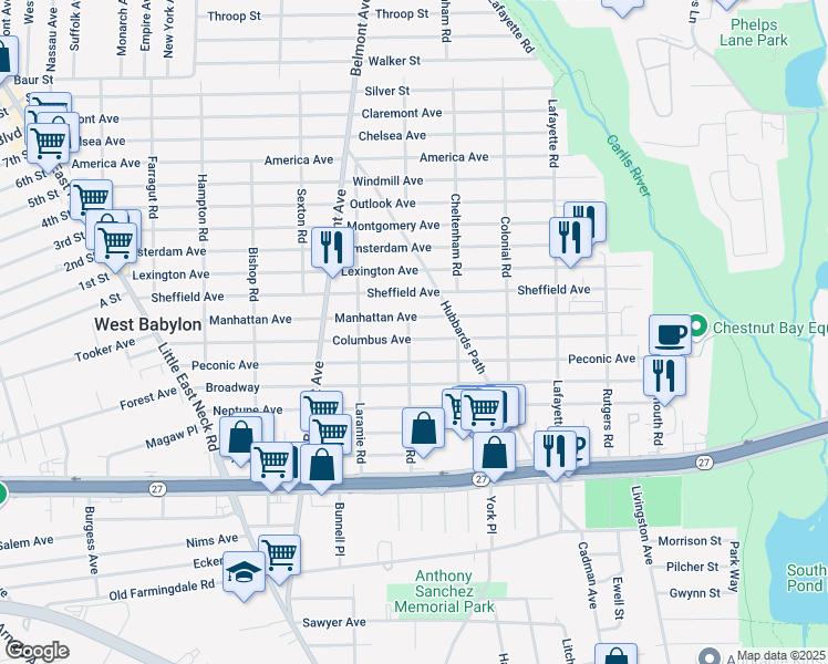 map of restaurants, bars, coffee shops, grocery stores, and more near 105 Lenox Road in West Babylon