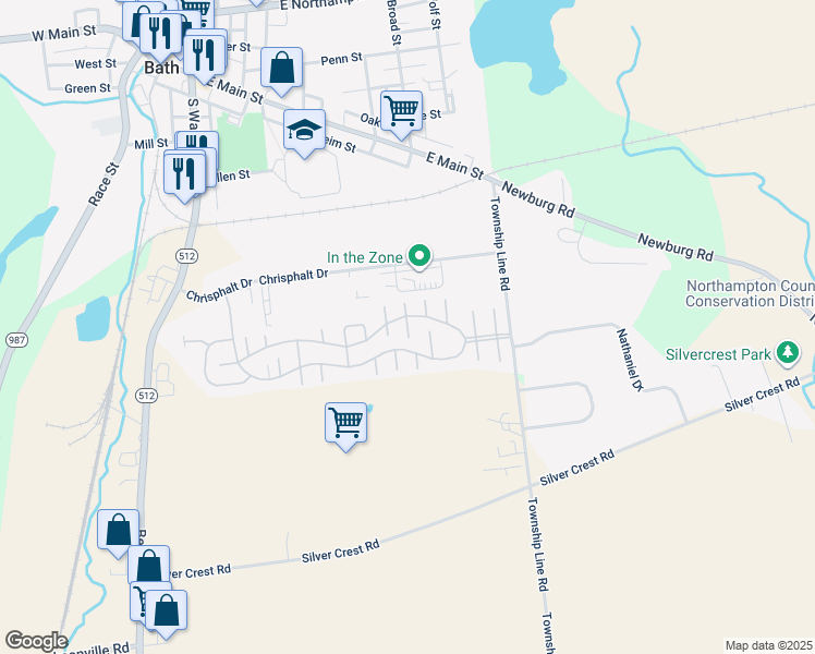 map of restaurants, bars, coffee shops, grocery stores, and more near 51 Acorn Court South in Bath