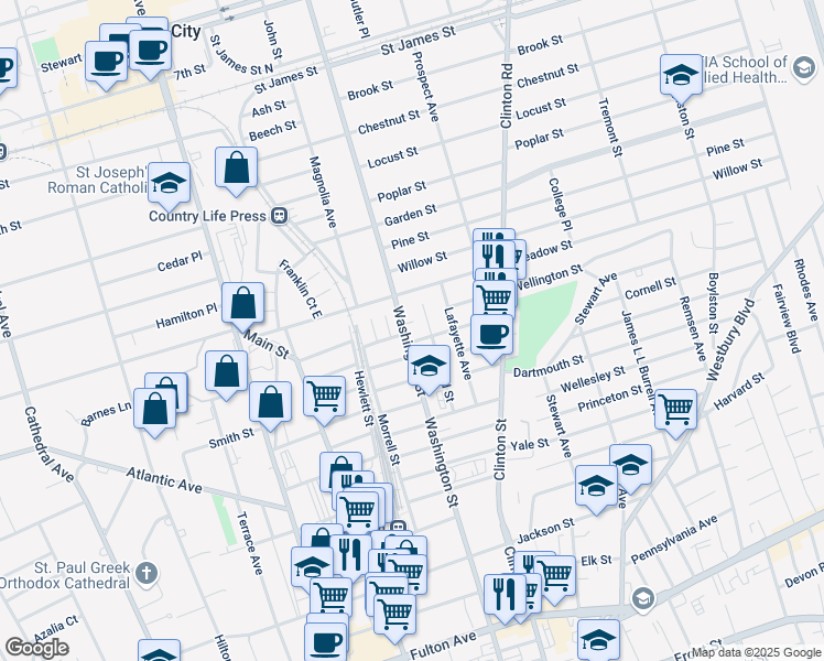 map of restaurants, bars, coffee shops, grocery stores, and more near 319 Washington Street in Hempstead