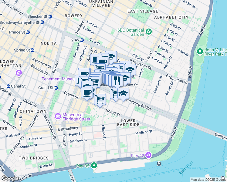 map of restaurants, bars, coffee shops, grocery stores, and more near 108 Clinton Street in New York