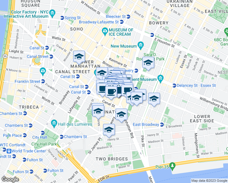 map of restaurants, bars, coffee shops, grocery stores, and more near 59 Elizabeth Street in New York