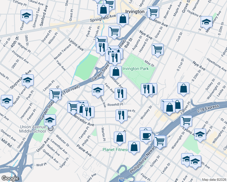 map of restaurants, bars, coffee shops, grocery stores, and more near 61 Chester Avenue in Irvington