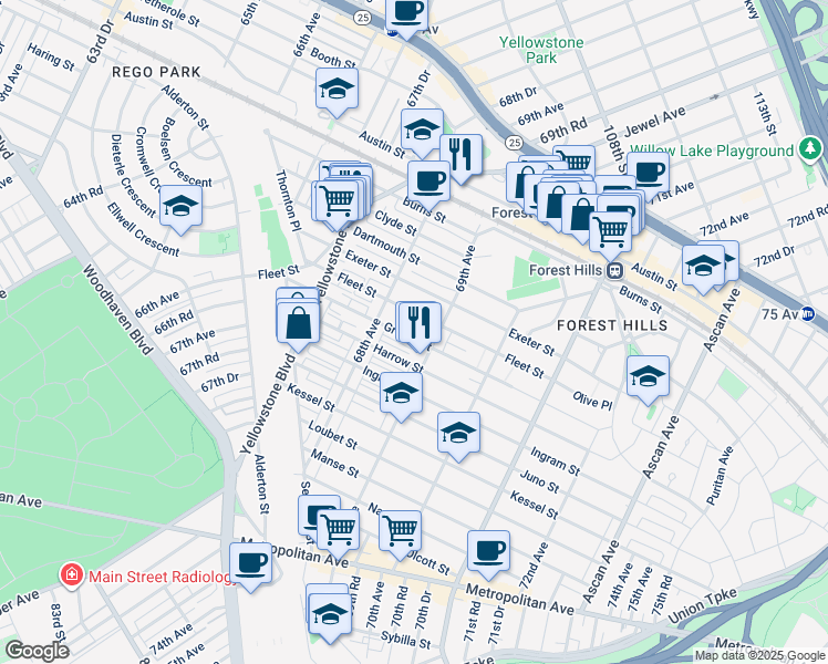 map of restaurants, bars, coffee shops, grocery stores, and more near 68-48 Groton Street in Queens