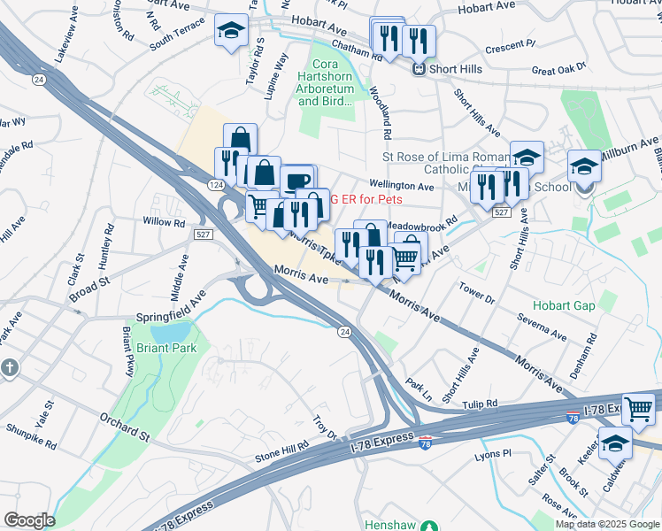 map of restaurants, bars, coffee shops, grocery stores, and more near 656 Morris Avenue in Springfield Township