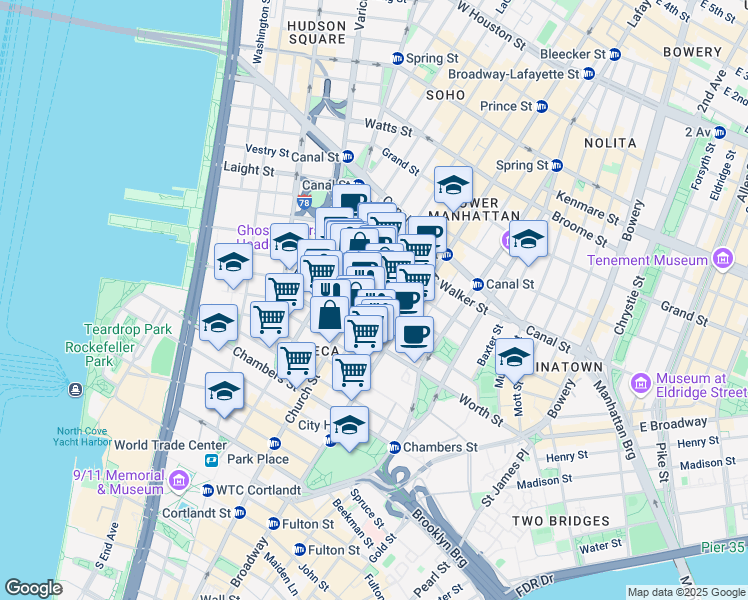 map of restaurants, bars, coffee shops, grocery stores, and more near 66 Leonard Street in New York