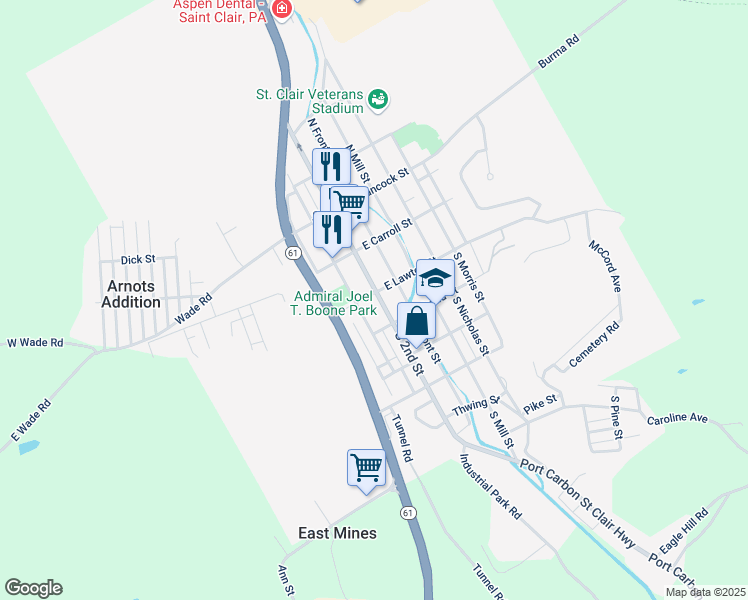 map of restaurants, bars, coffee shops, grocery stores, and more near 104 South 2nd Street in Saint Clair