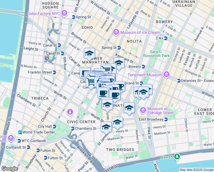 map of restaurants, bars, coffee shops, grocery stores, and more near 89 Mulberry Street in New York