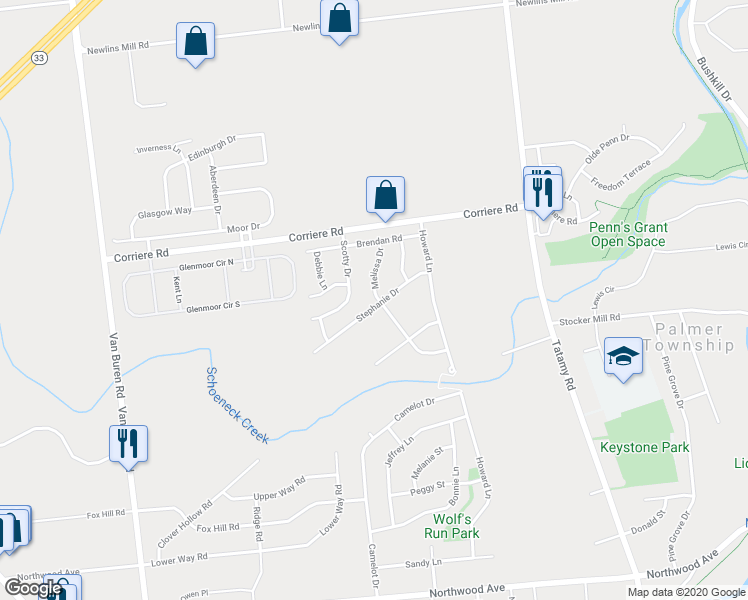 map of restaurants, bars, coffee shops, grocery stores, and more near 201 Stephanie Drive in Easton