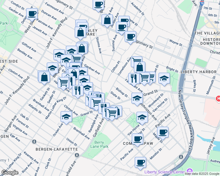 map of restaurants, bars, coffee shops, grocery stores, and more near in Jersey City