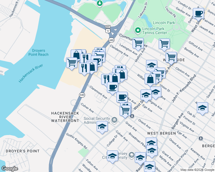 map of restaurants, bars, coffee shops, grocery stores, and more near 115 Clarke Avenue in Jersey City