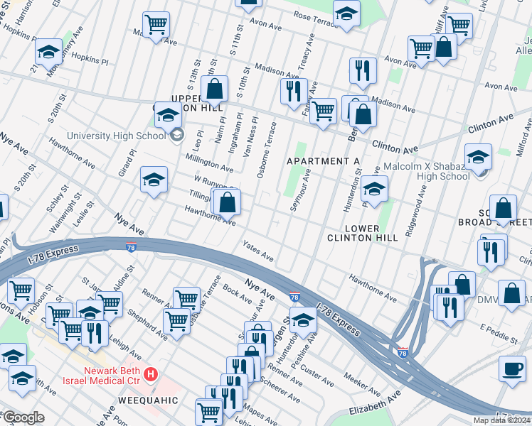 map of restaurants, bars, coffee shops, grocery stores, and more near 130 Hedden Terrace in Newark