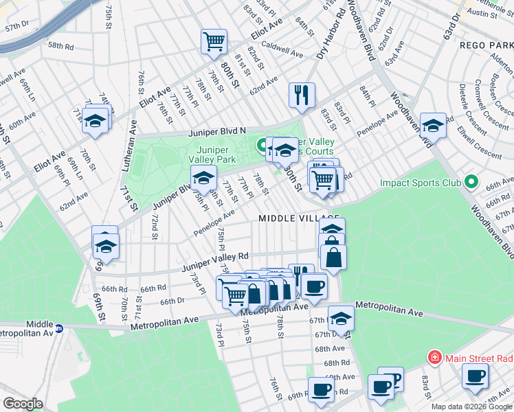 map of restaurants, bars, coffee shops, grocery stores, and more near 77-31 Furmanville Avenue in Queens