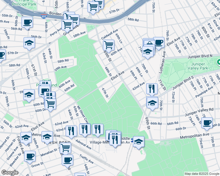 map of restaurants, bars, coffee shops, grocery stores, and more near 67-2 61st Road in Queens