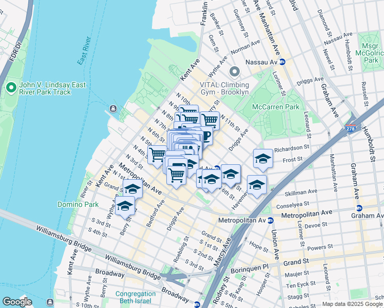 map of restaurants, bars, coffee shops, grocery stores, and more near 154 North 7th Street in Brooklyn