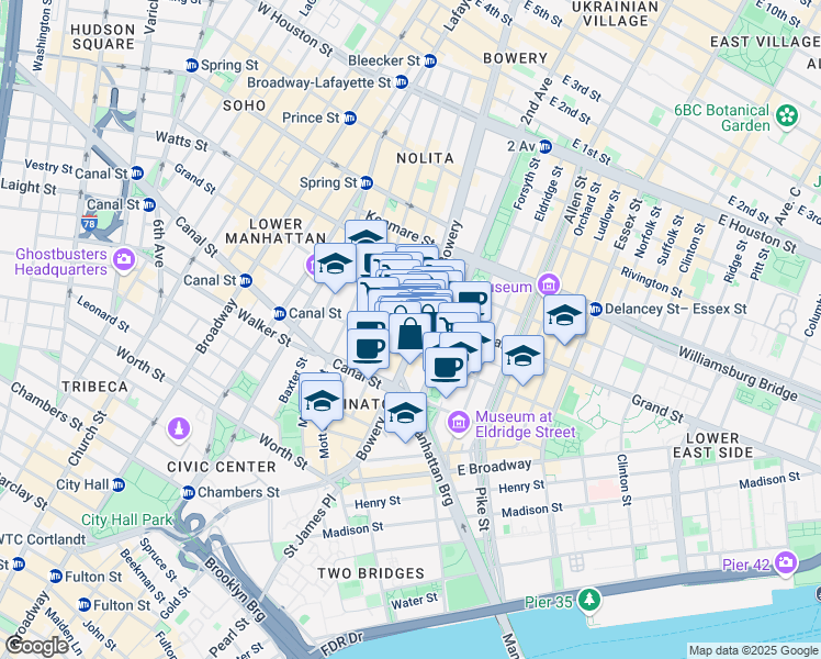 map of restaurants, bars, coffee shops, grocery stores, and more near 108 Bowery in New York