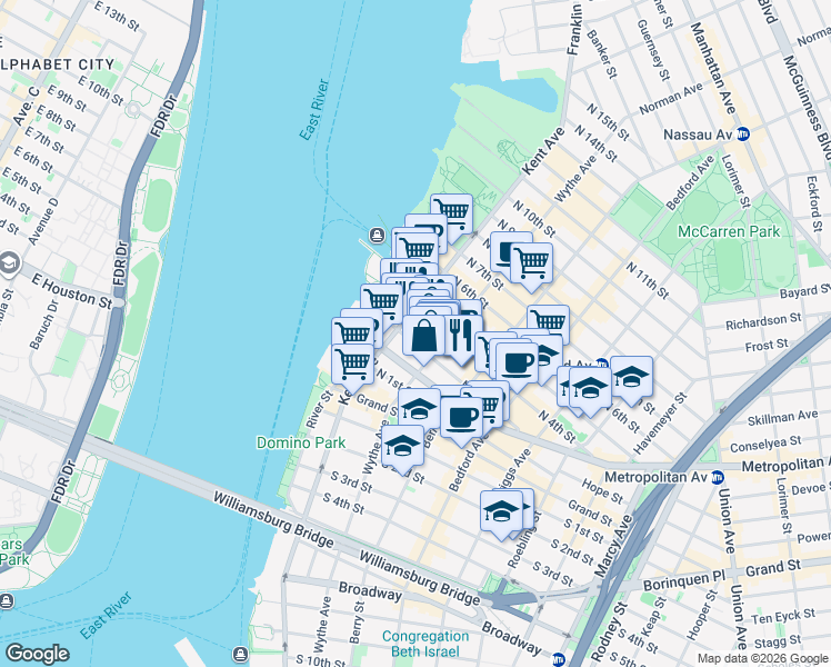 map of restaurants, bars, coffee shops, grocery stores, and more near 175 Kent Avenue in Brooklyn