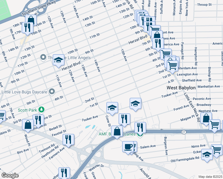 map of restaurants, bars, coffee shops, grocery stores, and more near 1404 2nd Street in West Babylon