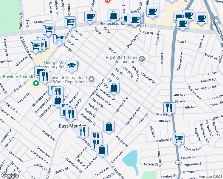 map of restaurants, bars, coffee shops, grocery stores, and more near in East Meadow