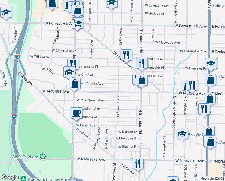 map of restaurants, bars, coffee shops, grocery stores, and more near 908 West McClure Avenue in Peoria