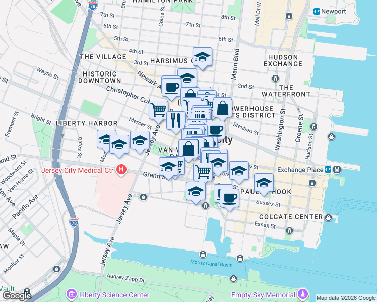 map of restaurants, bars, coffee shops, grocery stores, and more near 222 Montgomery Street in Jersey City