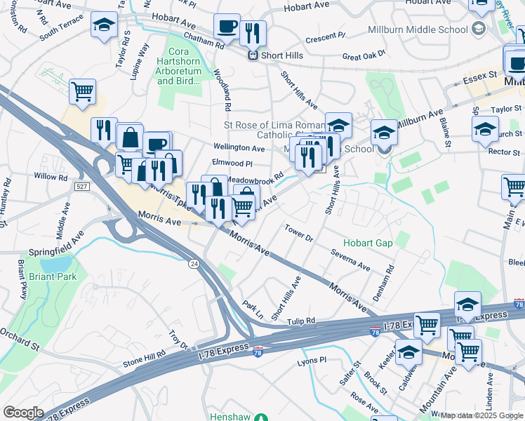 map of restaurants, bars, coffee shops, grocery stores, and more near 28 Millburn Avenue in Springfield
