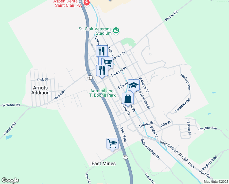 map of restaurants, bars, coffee shops, grocery stores, and more near 102 South 2nd Street in Saint Clair