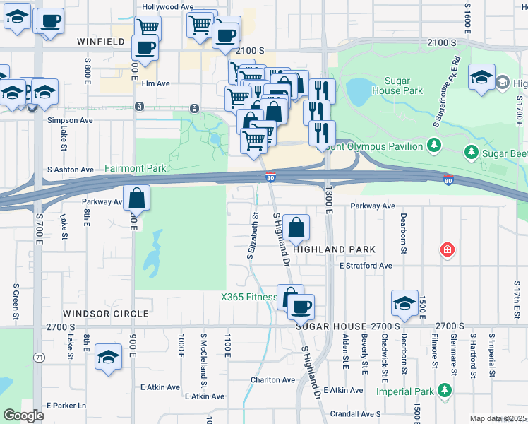 map of restaurants, bars, coffee shops, grocery stores, and more near 1168 East Parkway Avenue in Salt Lake City