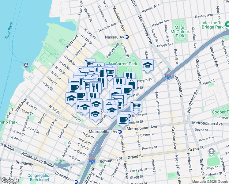 map of restaurants, bars, coffee shops, grocery stores, and more near 236 North 10th Street in Brooklyn